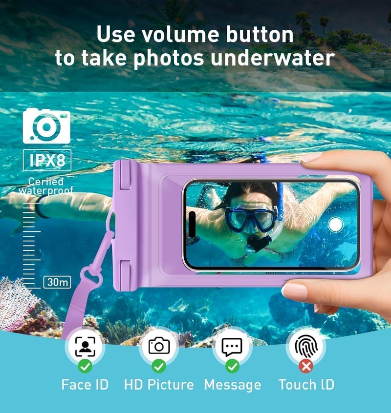 Vsagier Universal Waterproof Phone Case, with Inside Card Holder, Large Dry Bag Compatible for iPhone 17 16 15 14 13 12 Pro Max XS Plus for Galaxy S22, IPX8 Beach Travel Essentials, 1 Pack-Purple-8.3″ - Image 4
